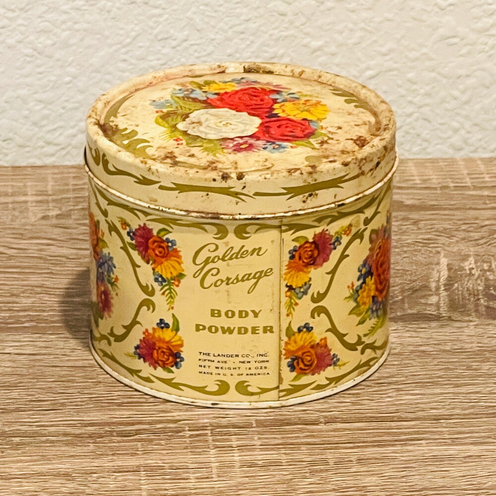 Vintage Golden Corsage Apple Blossom Tin Body Powder Full 1940s